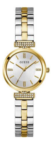 Reloj Guess Array Mujer Dama Correa Bitono Bisel Dorado Fondo Plateado