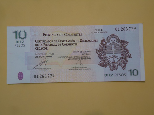 Billete Bono De Corrientes Año 2001 Muy Bueno