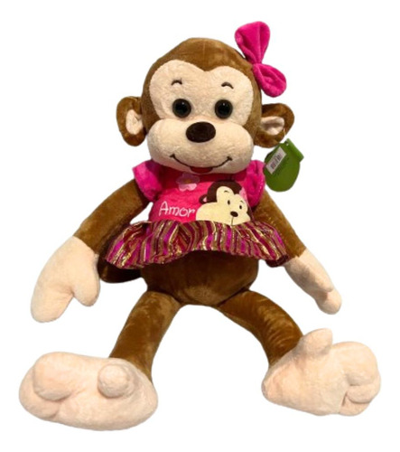 Macaquinha Macaco Pelúcia Realista Vestido Rosa Menina 30cm