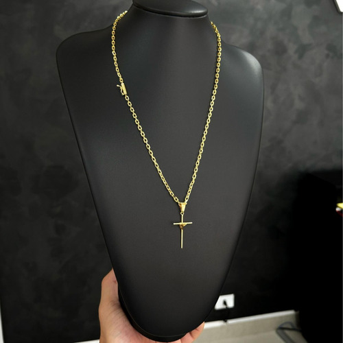 Corrente Cadeado 3mm + Pingente Cruz Crucifixo Amarrado Cor Dourado