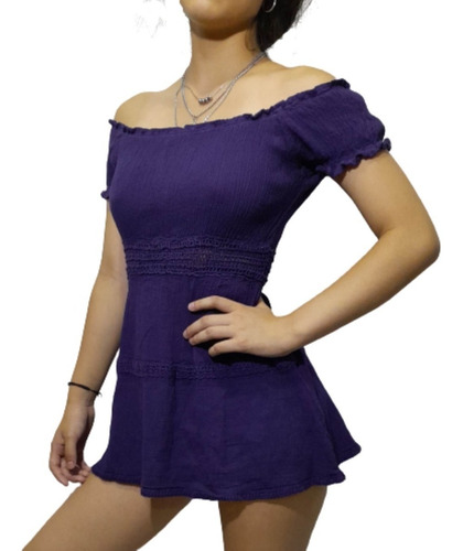 Imagen 2 de 4 de Blusa Bambula Tipo Hindú Manga Corta Puntilla 100% Algodón X