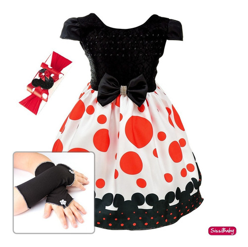 Imagem 1 de 7 de Vestido Infantil Minnie Vermelho Preto Baby Faixa Luva 1 A 4