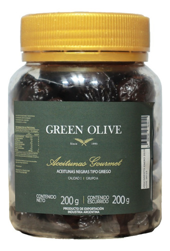 Aceitunas Negras Nat. Griegas Green Olive X 200 Gr. Esc. Pet