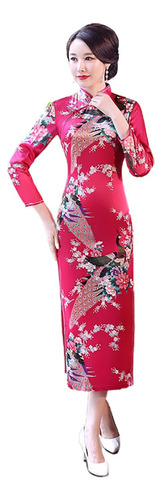 Chino 3/4 Manga Pavo Real Split Largo Cheongsam Vestido DeLG