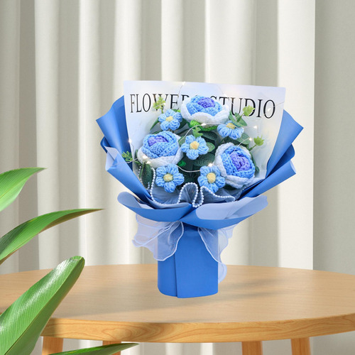 Ramo De Flores De Ganchillo Completo Con Luz, Ramo De Azul