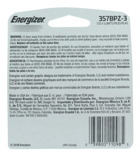 Pila Energizer 357bpz-3 Oxido Plata 1.5v 3pz 09800265