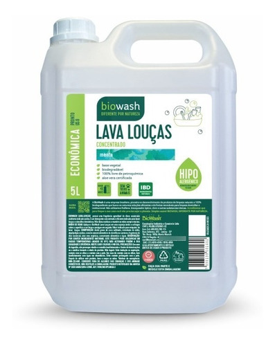 Detergente Lava Louças Menta Biodegradável Biowash 5l