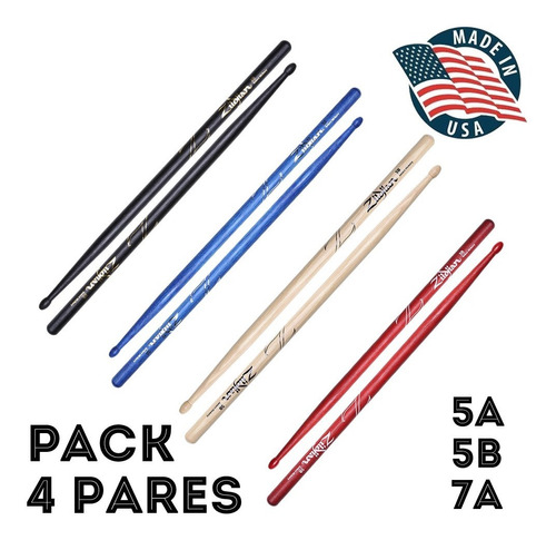 Pack Palillos Zildjian 5a 5b Colores 4 Pares Usa Americano