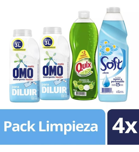 Pack Omo Detergente Líquido 2un 500ml+soft 1l+quix 750m