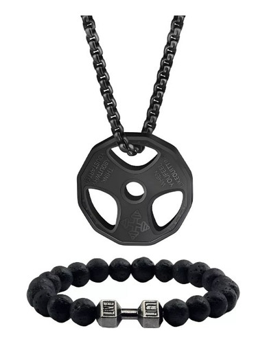 Collar Y Pulsera Mancuerna Gym De Acero Inoxidable Hombre