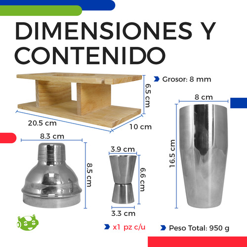 Slim Company Kit De Coctelería 8 Piezas Profesional 750 Ml Para Bartender De Acero Inoxidable Para Barman Con Shaker Color Plateado