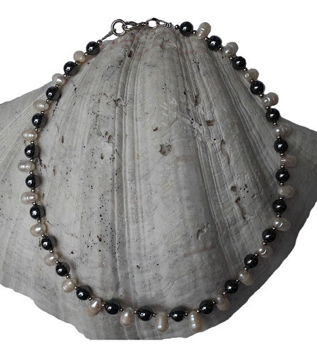 Csp1290 Collar Corto Piedra Hematite, Perlas Cultivadas