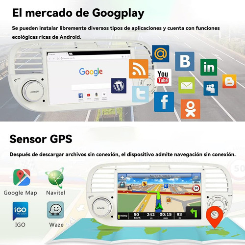 CARLAM Estéreo de Pantalla 7 Pulgadas Auto Android Carplay Mirrorlink GPS 2+64gb Para Fiat 500 2007-2015 Bluetooth USB Esterio Carro Stereo Autoestereo con Canbus y Camara Reversa