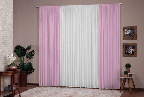 Cortina Versátil 4,00x2,80 Para Sala Ou Quarto Cor Rosa/branco