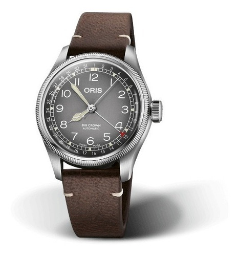 Reloj pulsera Oris OR75477794063SP con correa de cuero color marrón oscuro - fondo gris - bisel plateado