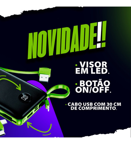 Power Bank 10.000 Mah Carregador Usb Portátil Com Cabo Carregamento Turbo Preto
