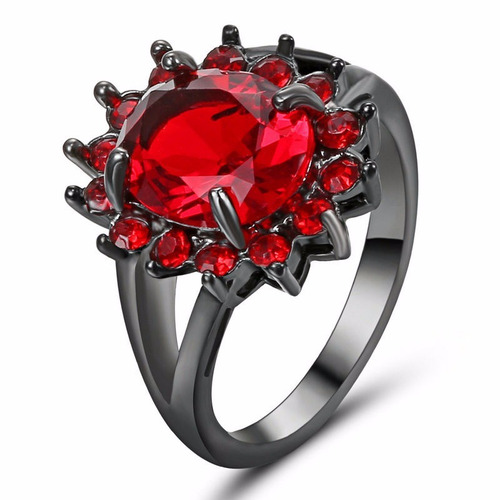Anillo Acero Enchapado Plata Circon Piedras Rojo