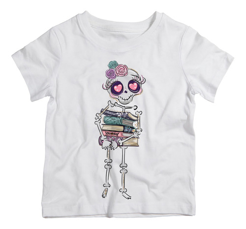 Camiseta Infantil Menina Esqueleto Menina Livros Halloween