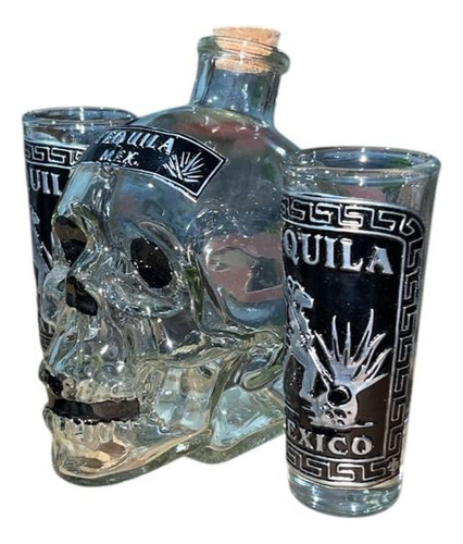 Calavera Licorera 400ml Con 2 Tequileros 60ml Con Madera Agua