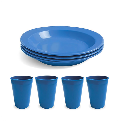 Kit Refeição 4 Pratos + 4 Copos 350ml Para Merenda Cozinha