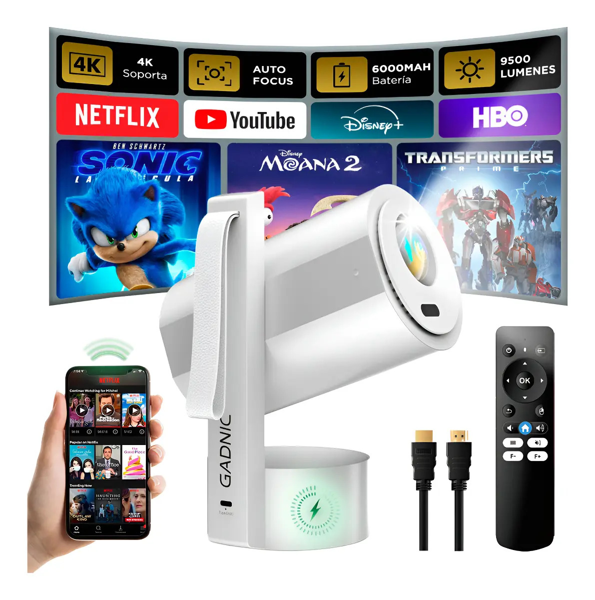 Proyector Gadnic R3 FHD 250 ANSI Add 13 Conexion Inalambtica 2.4/5G BT 5.0 Enfoque Keystone LED 30000 H HDMI USB Parlante