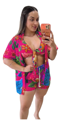 Conjunto Feminino Verão Floral Shorts+top+ Kimono Moda Praia