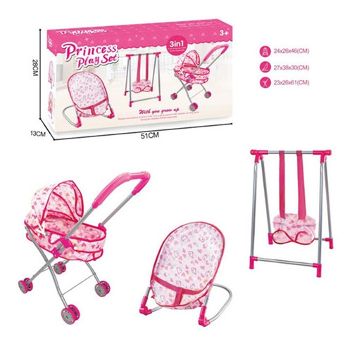 Imagen 1 de 2 de Set Coche Muñeca , Columpio Y Mecedora, 3 En 1