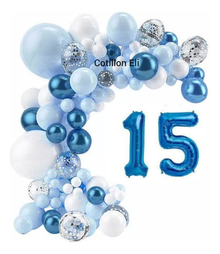 Arco Organico Globos Azul Celeste Blanco Confetti Numero 15