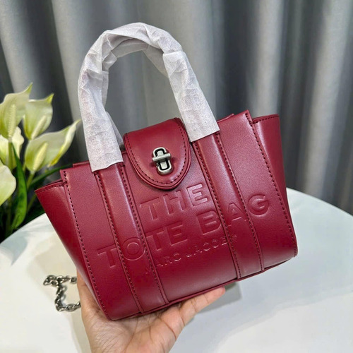 Bolsa Marc Jacobs Turnlock Tote Bag 100% Original Roja Piel Rojo Liso Plata Plateado (Usado)