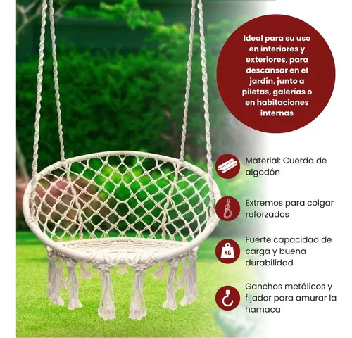 Hamaca Paraguaya Silla Colgante Redonda Interior Exterior Jardin Patio Imback Color Blanco