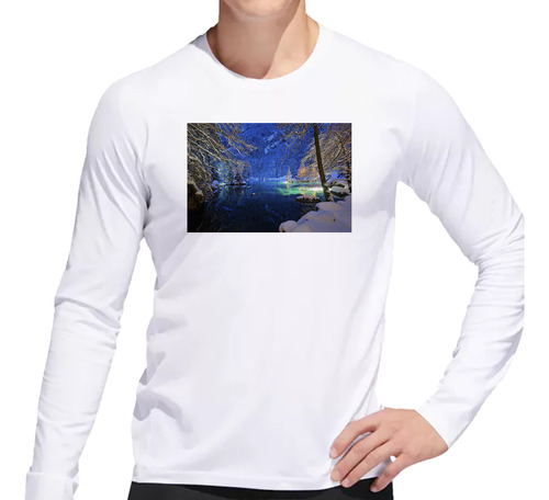 Remera Hombre Ml Paisaje De Invierno Agua Y Luces Invernales