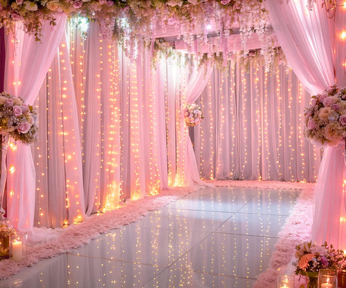 Backdrop Curtain Suppromo Pink Tulle W/ Lights 12x3m For Par