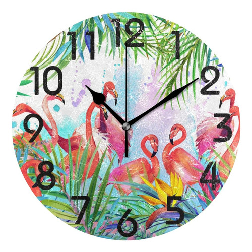 Naanle Chic Tropical Pink Flamingo Reloj De Pared Redondo, 9