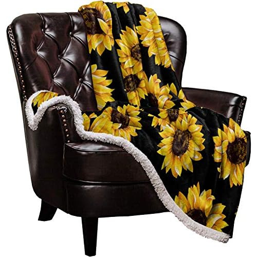 Manta Sherpa Estampado De Girasol, Súper Gruesa Y Cál...