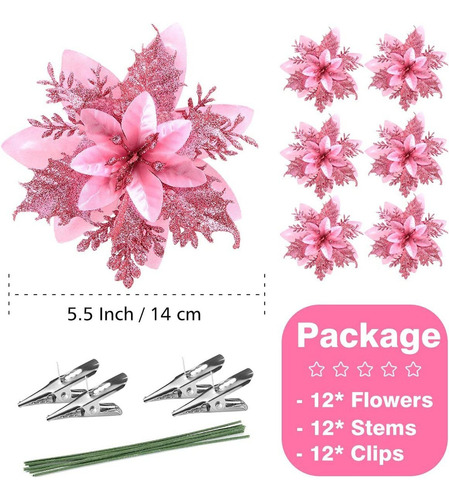 12 Pcs Flores Artificiales De Navidad Flores De Navidad Rosa