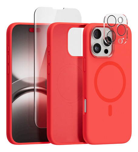 Kit Funda Para Iphone Magsafe + Mica Pantalla + Mica Camara Rojo Iphone 16 Pro Max