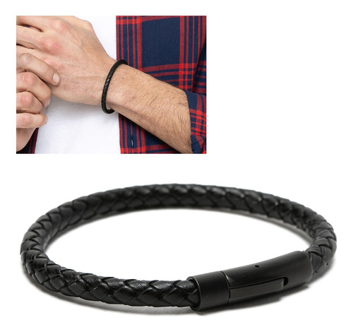 Pulsera Hombre Cuero Tejida Negra Elegante