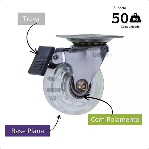 20 Rodizio Giratório 50mm Base Plana 10 Com Freio 50kg Cada
