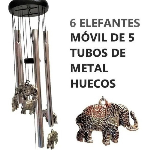 Colgante Campanas De Viento 5 Tubos 6 Elefantes Plateados