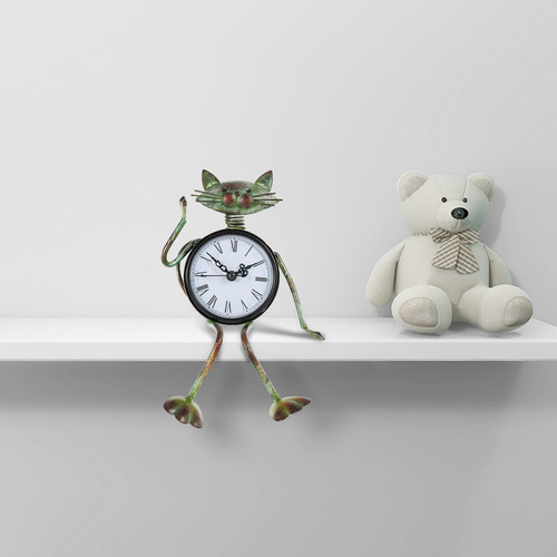 Reloj De Mesa Mudo Hecho A Mano Con Figura De Gato De Metal