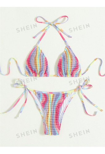 Shein Vcay Bañador Bikini Triángulo Halter De Rayas Smocked