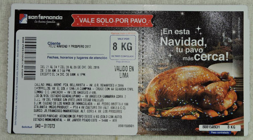 Vale Cupón Vale Pavo San Fernando 8 Kilos, Solo Lima