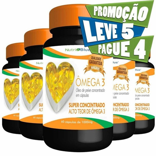  5x Ômega 3 Óleo De Peixe 1000mg - Nutriblue - 300-cápsulas