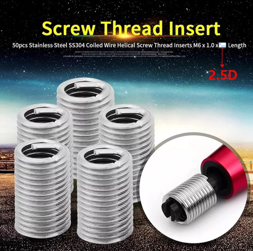 50 Insertos De Rosca Tornillo Alambre En Espiral M6x1,0x2,5d