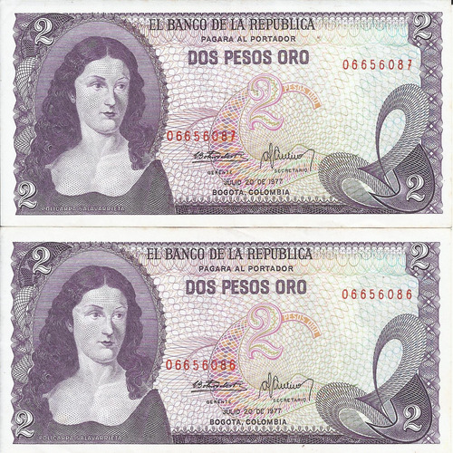 Colombia Dúo Números Consecutivos 2 Pesos 20 Julio 1977