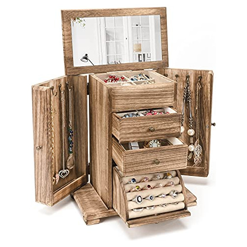 Caja Joyero De Madera Rústica Con Espejo, 4 Capas