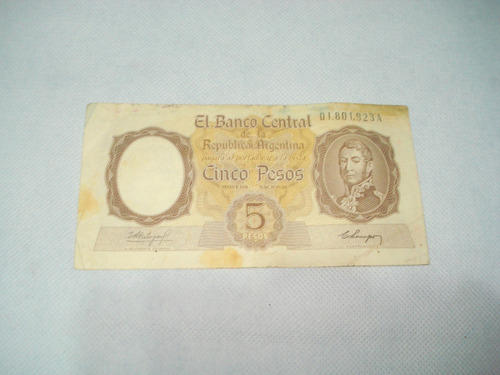 Billete Antiguo Argentino 5 Pesos De 1.960 (Usado)