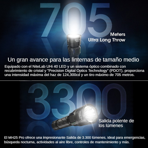 Linterna Nitecore MH25 PRO 3300 lumens Recargable 5300mah Alcance 705 metros Color Negra Luz Blanca