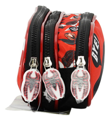 Lapicera Estuchera Escolar Triple Compartimento Red Black Rojo Estampado