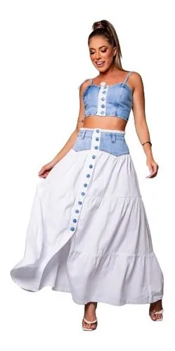 Conjunto Feminino Saia Longa 3 Marias Cropped Jeans 861